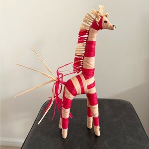 VTG Handcrafted Red and Natural Raffia African Folk Art Giraffe Figurine 20”